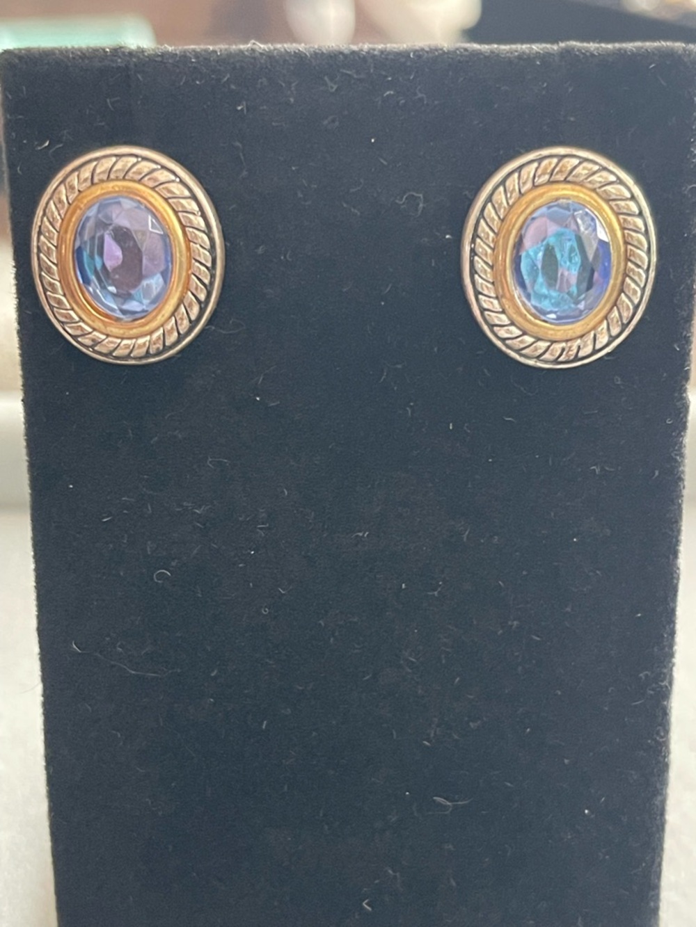 Two-Tone Silver & Gold Blue Glass Oval Statement Stud Earrings